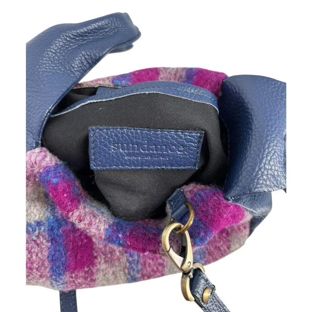 Sundance Soire Knotted Bag Blue Leather Wool Magenta Plaid Crossbody